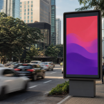 Painel digital de mídia exterior em avenida urbana com circulação de pessoas e veículos