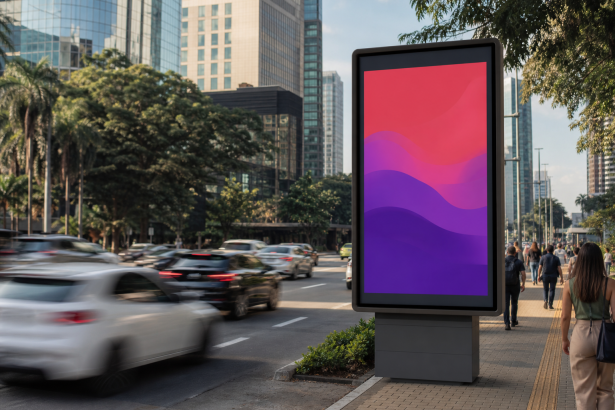 Painel digital de mídia exterior em avenida urbana com circulação de pessoas e veículos